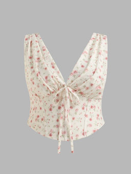 Cider - V Neck Floral Shirred Corset Knotted Tank Top Curve & Plus