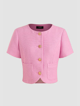 Cider - Tweed Round Neckline Solid Button Blouse Top