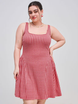 Cider - Square Neck Gingham Pleated Mini Dress Curve & Plus