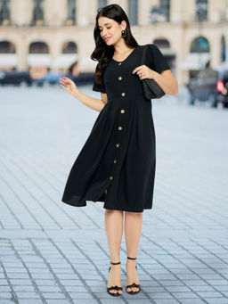 Martini - Black Front Button Women Western Midi Dress