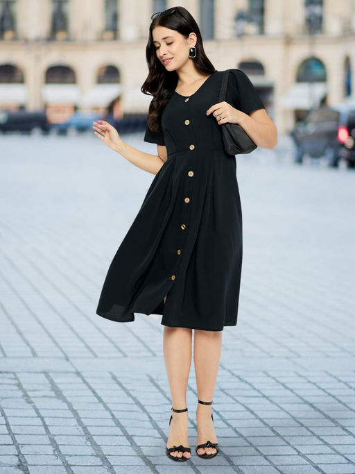 Buy Martini Black Front Button Women Western Midi Dress (XS) Online Buy Martini Black Front Button Women Western Midi Dress (XS) Online