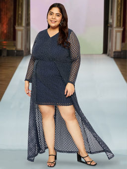 Martini - Wild U Women Navy Blue Plus Size Honeycomb Overlay Knee Length Dress