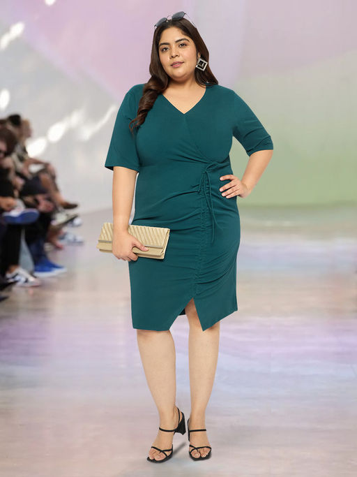 Buy Martini Teal Green Plus Size Slit Ruched Women Western Bodycon Knee Length Dress (3XL) Online Buy Martini Teal Green Plus Size Slit Ruched Women Western Bodycon Knee Length Dress (3XL) Online