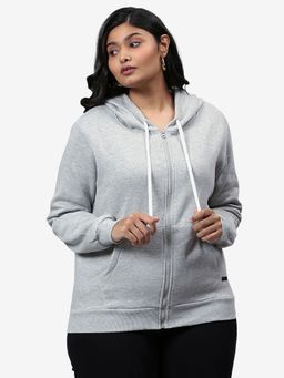 Instafab Plus - Size Women Solid Casual Hooded Sweatshirt Grey