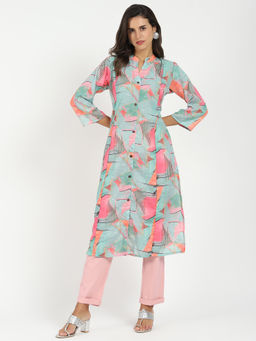 ME & I - Muslin Abstract Print Mandarin Collar Kurta For Women