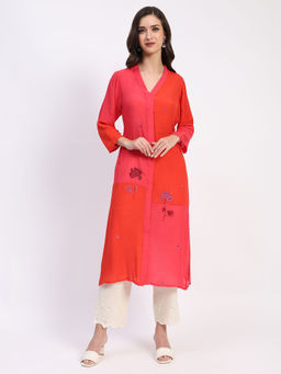 ME & I - Rayon Slub Embellished V-Neck A-Line Kurta For Women