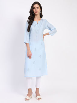 ME & I - Linen Blend Embroidered Straight Kurta For Women