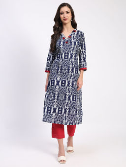 ME & I - Cotton Printed V-Neck A-Line Kurta For Women