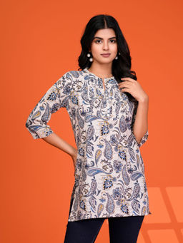 KAFTANIZE - Cream Paisley Print Pintuck Kurti