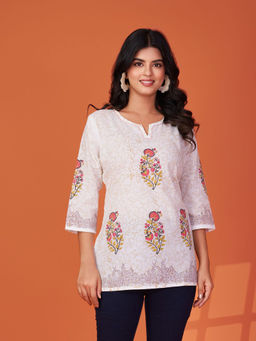KAFTANIZE - Off White Floral Border Hand Block Print Kurti