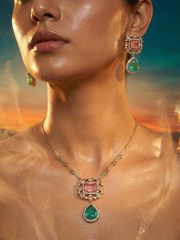 Tussya by Shreya - Zeraya Statement Pink Necklace with Earrings