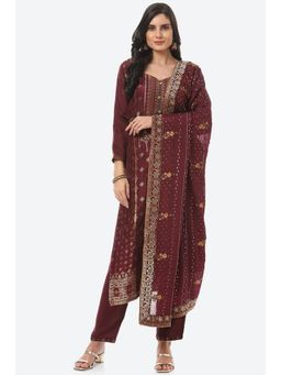 Biba - Wine Banarasi Embellished Unstitched Suit (Set of 3)
