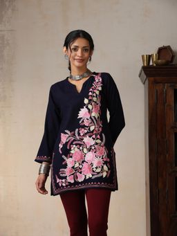 House of Chikankari - Threadwork Embroidered Woollen Solid Short Tunic Navy Blue