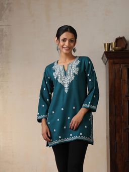 House of Chikankari - Threadwork Embroidered Woollen Solid Short Tunic Teal