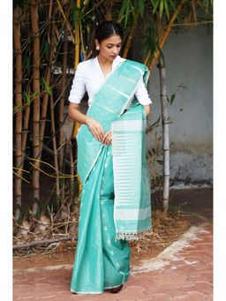 Unnati Silks - Turquoise Handloom Tussar Jamdani Saree Without Blouse
