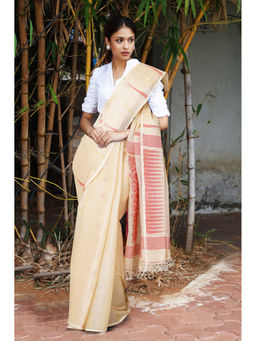 Unnati Silks - Cream Handloom Tussar Jamdani Saree Without Blouse