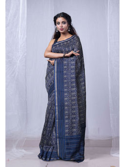 Unnati Silks - Navy Blue Bagru Floral Printed Kantha Work Chanderi Sico Saree with Unstitched Blouse