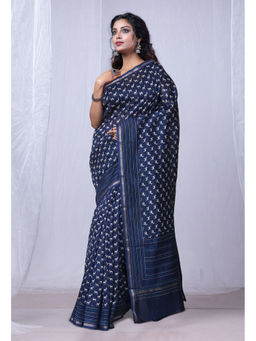 Unnati Silks - Navy Blue Bagru Printed Kantha Work Chanderi Sico Saree with Unstitched Blouse