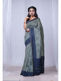 Unnati Silks - Navy Blue Bagru Floral Printed Kantha Work Chanderi Sico Saree with Unstitched Blouse