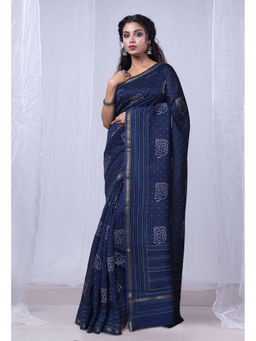 Unnati Silks - Navy Blue Bagru Printed Kantha Work Chanderi Sico Saree with Unstitched Blouse