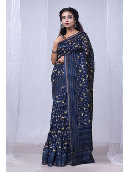 Unnati Silks - Navy Blue Bagru Floral Printed Kantha Work Chanderi Sico Saree with Unstitched Blouse