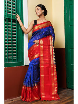 Unnati Silks - Navy Blue Handloom Woven Tassels Cotton Silk Saree with Unstitched Blouse