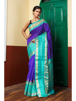 Unnati Silks - Navy Blue Handloom Zari Woven Cotton Silk Saree with Unstitched Blouse