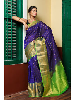 Unnati Silks - Navy Blue Handloom Zari Woven Cotton Silk Saree with Unstitched Blouse