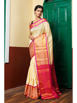 Unnati Silks - Cream and Pink Handloom Zari Woven Saree with Unstitched Blouse