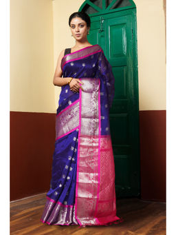 Unnati Silks - Navy Blue Handloom Zari Woven Saree with Unstitched Blouse