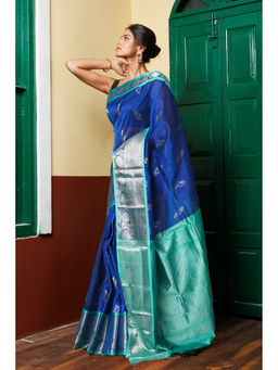 Unnati Silks - Navy Blue and Turquoise Handloom Woven Saree with Unstitched Blouse