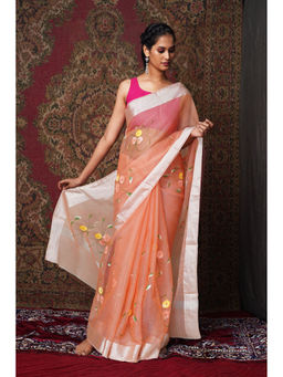 Unnati Silks - Orange Floral Hand Painted Kota Saree with Unstitched Blouse