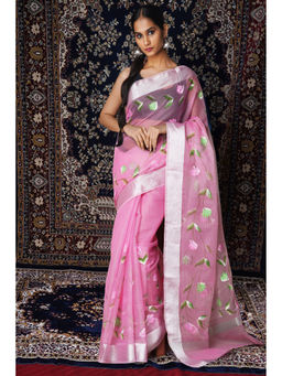 Unnati Silks - Light Pink Floral Hand Painted Kota Saree with Unstitched Blouse