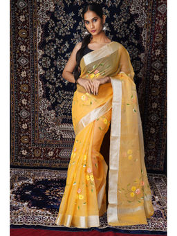 Unnati Silks - Yellow Floral Hand Painted Kota Saree with Unstitched Blouse