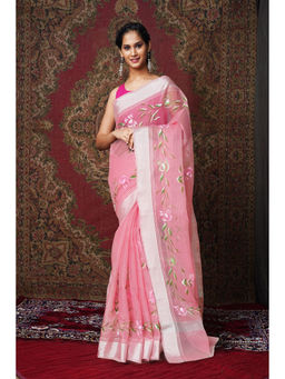 Unnati Silks - Pink Floral Hand Painted Kota Saree with Unstitched Blouse