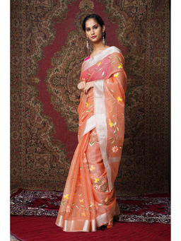 Unnati Silks - Orange Floral Hand Painted Kota Saree with Unstitched Blouse