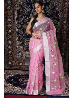 Unnati Silks - Baby Pink Floral Hand Painted Kota Saree with Unstitched Blouse