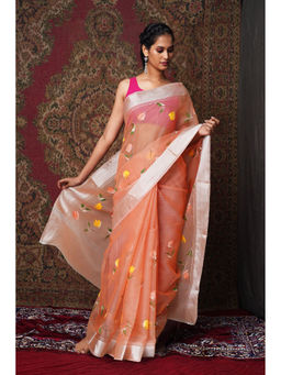 Unnati Silks - Light Orange Floral Hand Painted Kota Saree with Unstitched Blouse
