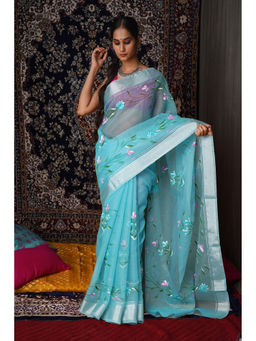 Unnati Silks - Blue Floral Hand Painted Kota Saree with Unstitched Blouse