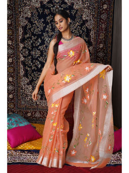 Unnati Silks - Orange Floral Hand Painted Kota Saree with Unstitched Blouse