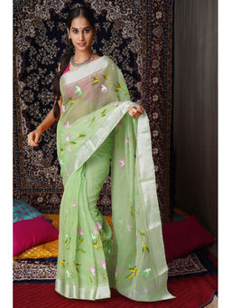 Unnati Silks - Green Floral Hand Painted Kota Saree with Unstitched Blouse
