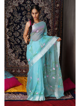 Unnati Silks - Blue Floral Hand Painted Kota Saree with Unstitched Blouse
