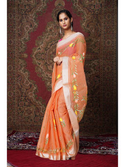 Unnati Silks - Orange Floral Hand Painted Kota Saree with Unstitched Blouse