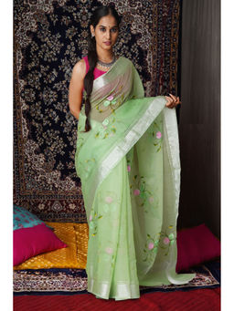Unnati Silks - Green Floral Hand Painted Kota Saree with Unstitched Blouse