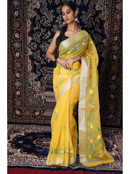 Unnati Silks - Yellow Floral Hand Painted Kota Saree with Unstitched Blouse
