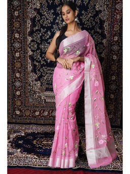 Unnati Silks - Pink Floral Hand Painted Kota Saree with Unstitched Blouse