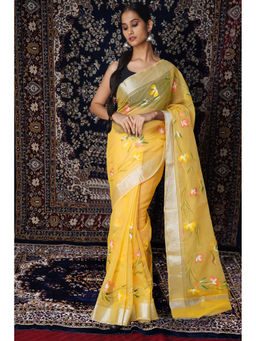 Unnati Silks - Yellow Floral Hand Painted Kota Saree with Unstitched Blouse