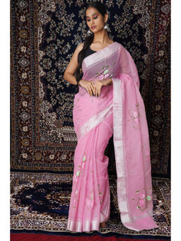 Unnati Silks - Pink Floral Hand Painted Kota Saree with Unstitched Blouse