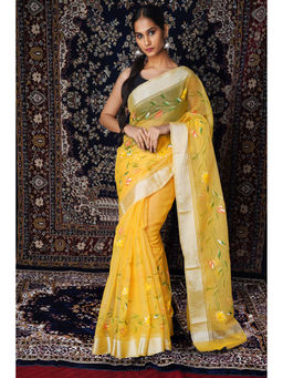 Unnati Silks - Yellow Floral Hand Painted Kota Saree with Unstitched Blouse