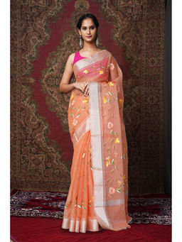 Unnati Silks - Light Orange Floral Hand Painted Kota Saree with Unstitched Blouse